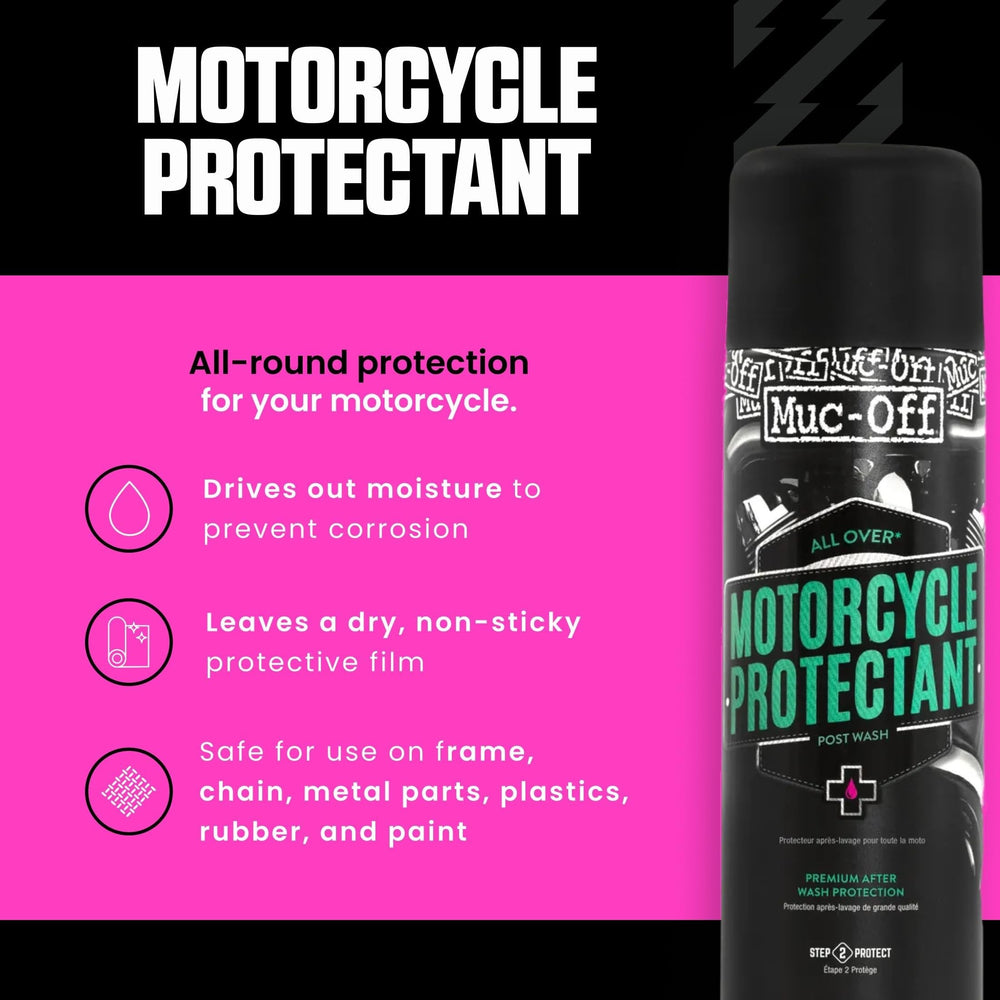 Muc-Off being sprayed onto metal demonstrating moisture displacement benefit