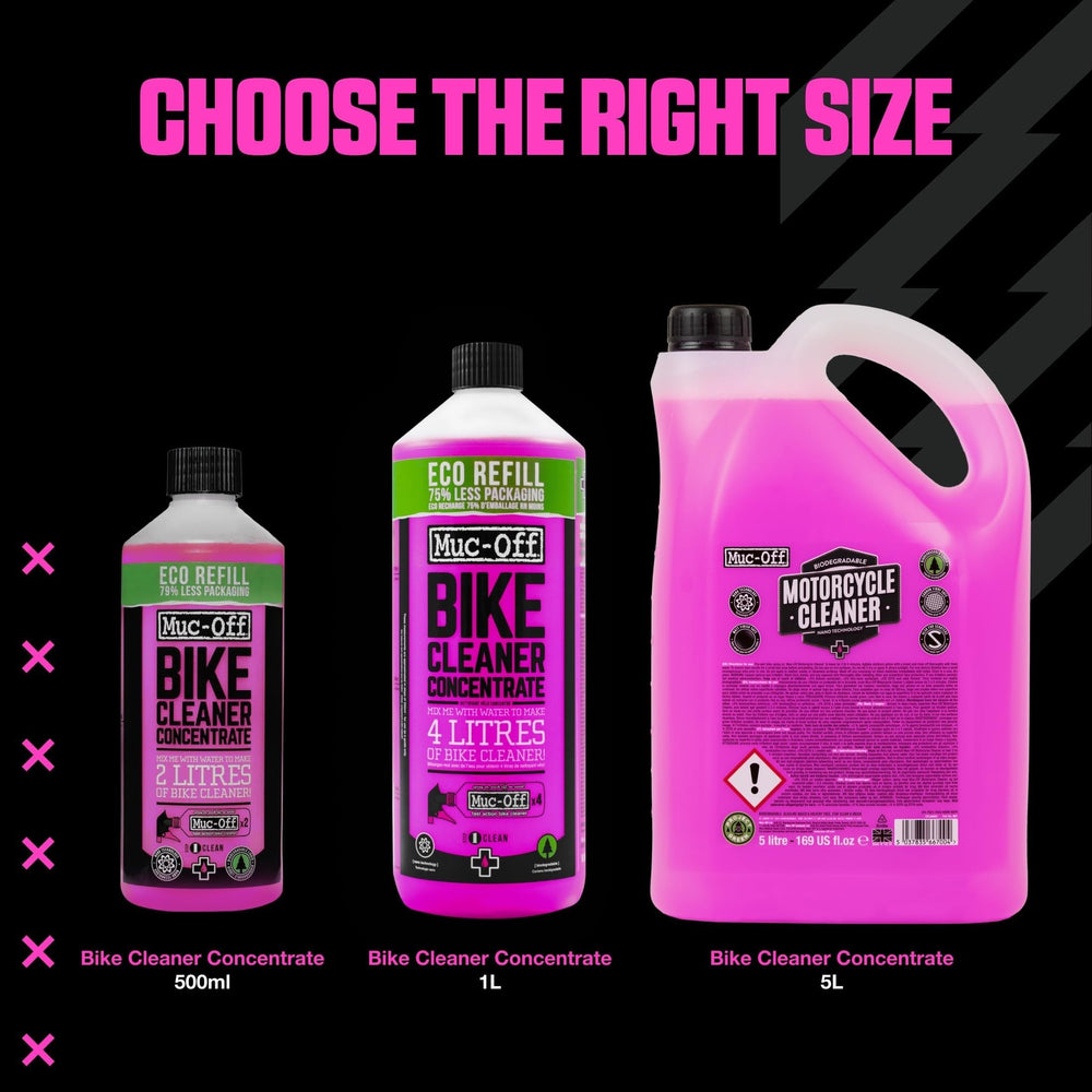Muc-Off pouch beside 1 L bottle demonstrating space-saving refill advantage