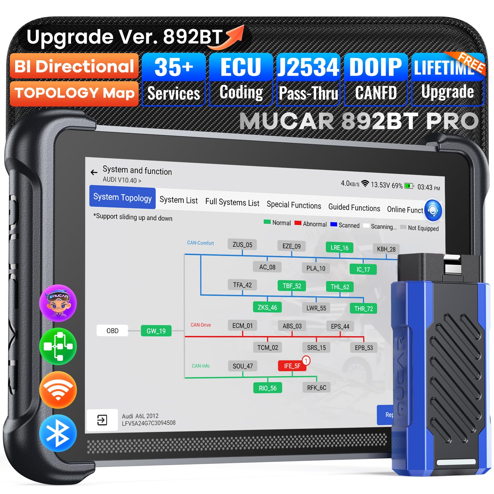 MUCAR 892BT PRO front view showing screen and handheld VCI for fast diagnostics