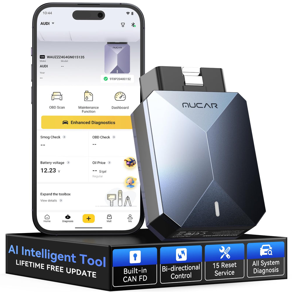 mucar BT200 MAX front view showing compact Bluetooth dongle and label for easy identification