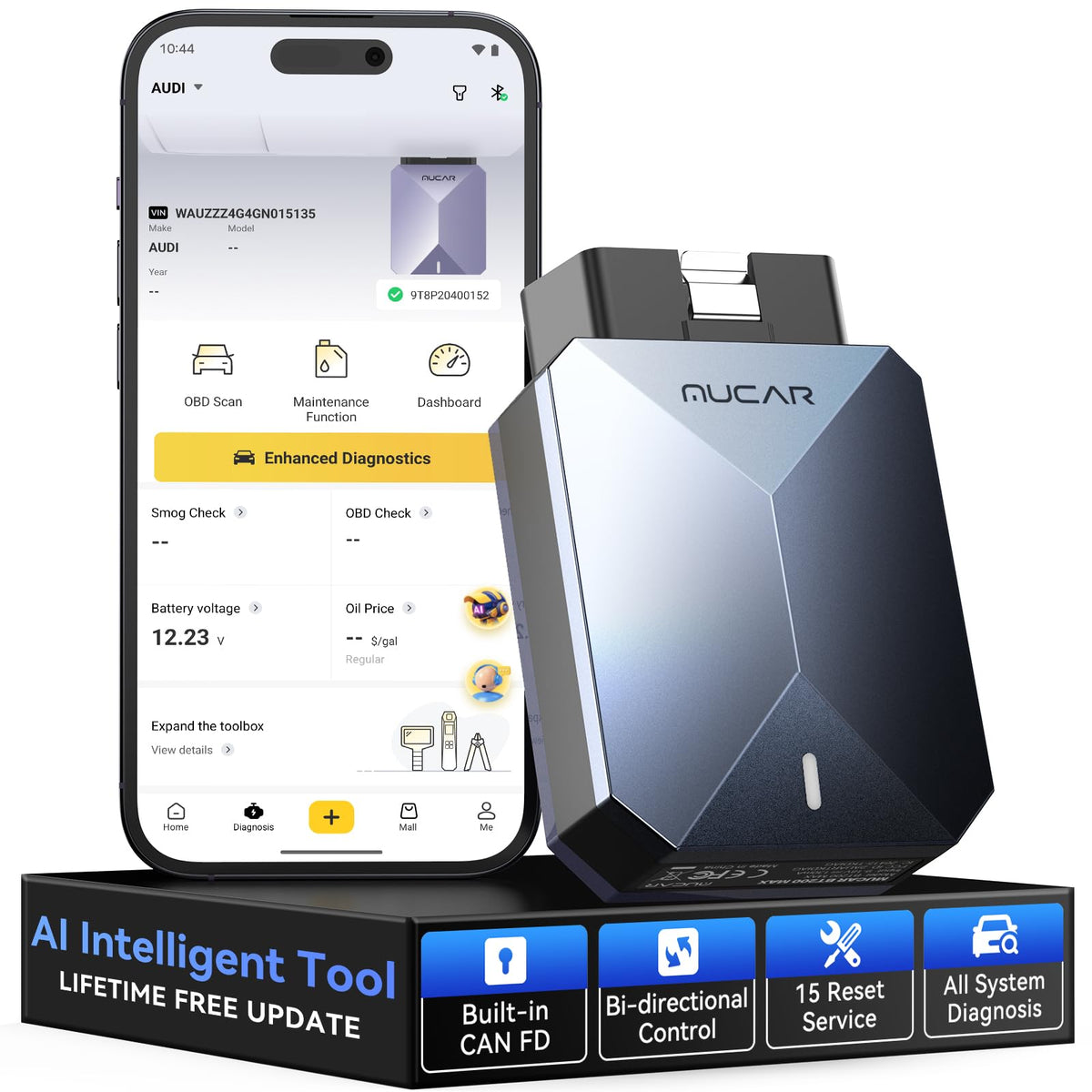 mucar BT200 MAX front view showing compact Bluetooth dongle and label for easy identification
