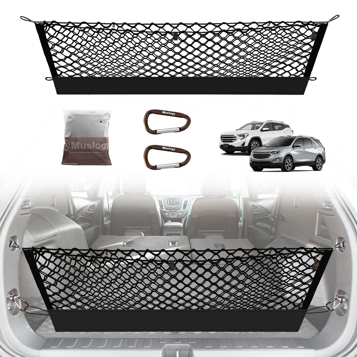 Muslogy cargo net front view showing fit in Equinox trunk and secure storage