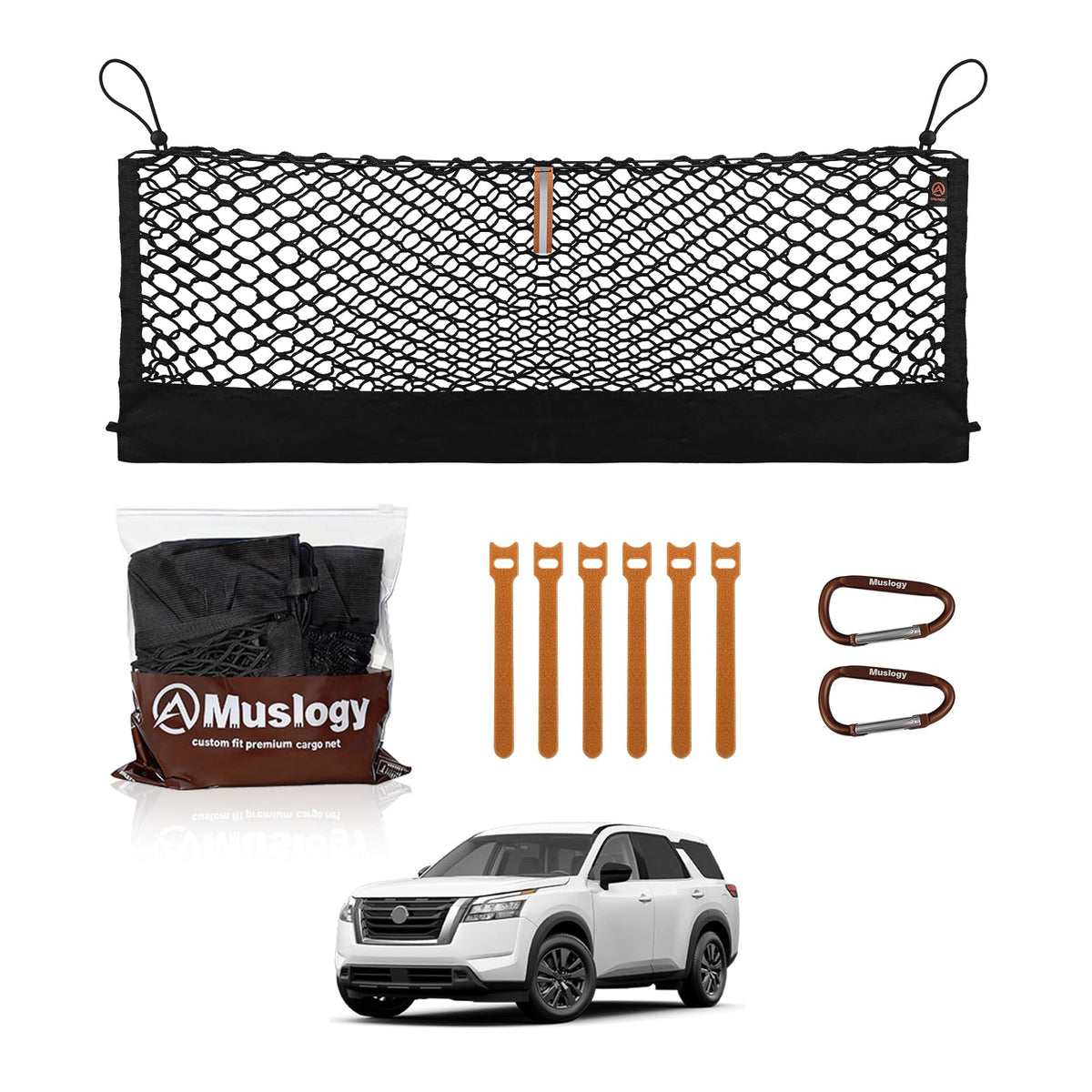 Muslogy front packaging showing cargo net and included hooks for easy install