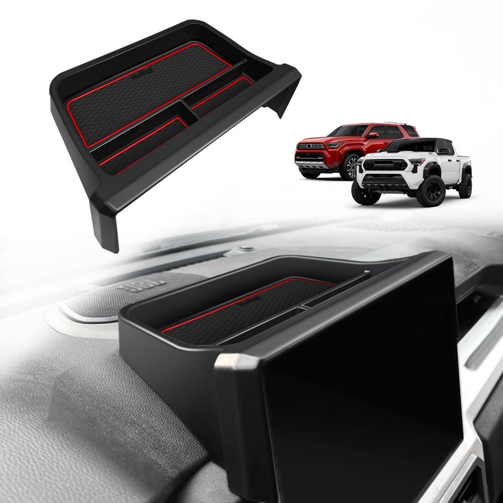 Muslogy front view showing red dashboard organizer fitted and tidy storage benefit