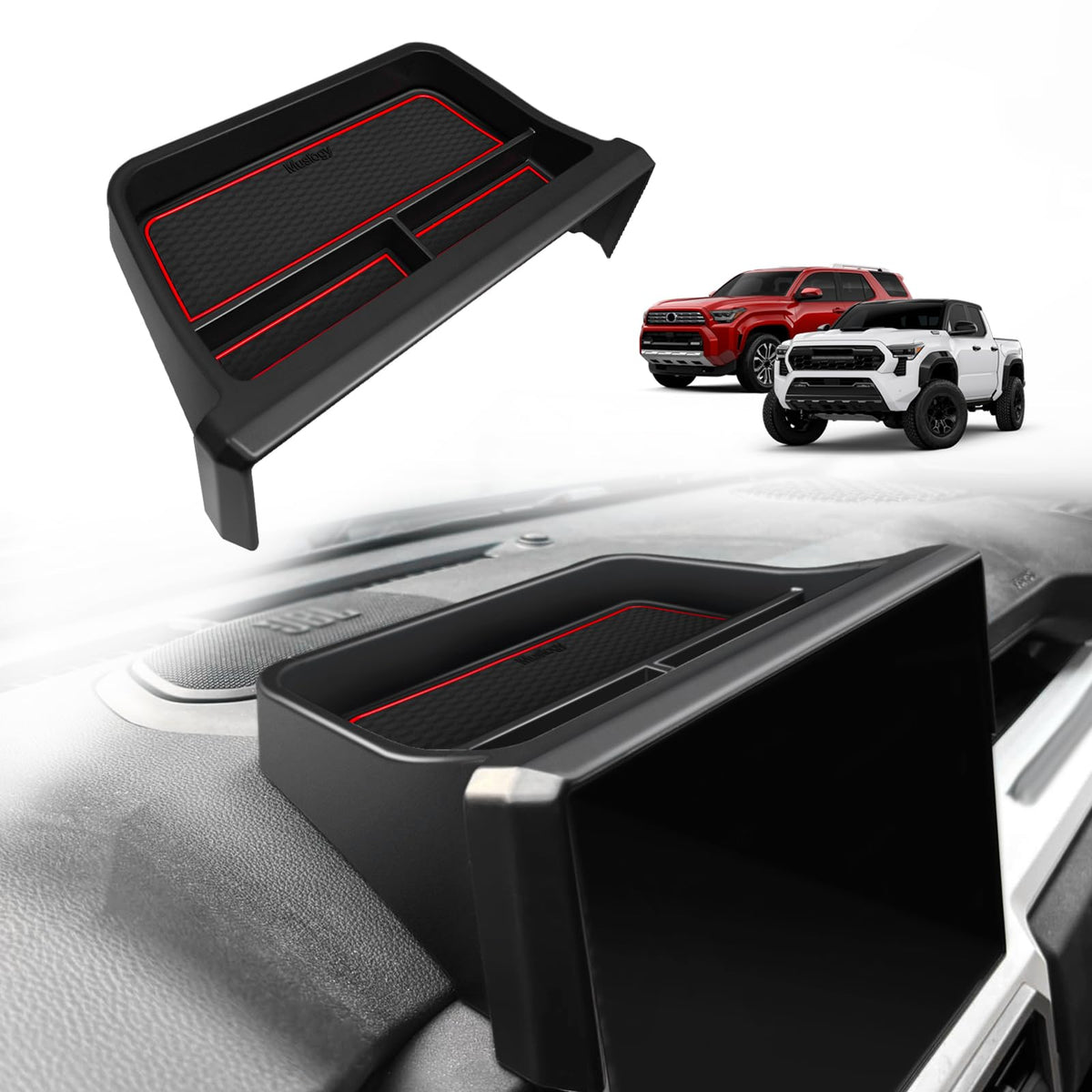 Muslogy front view showing red dashboard organizer fitted and tidy storage benefit