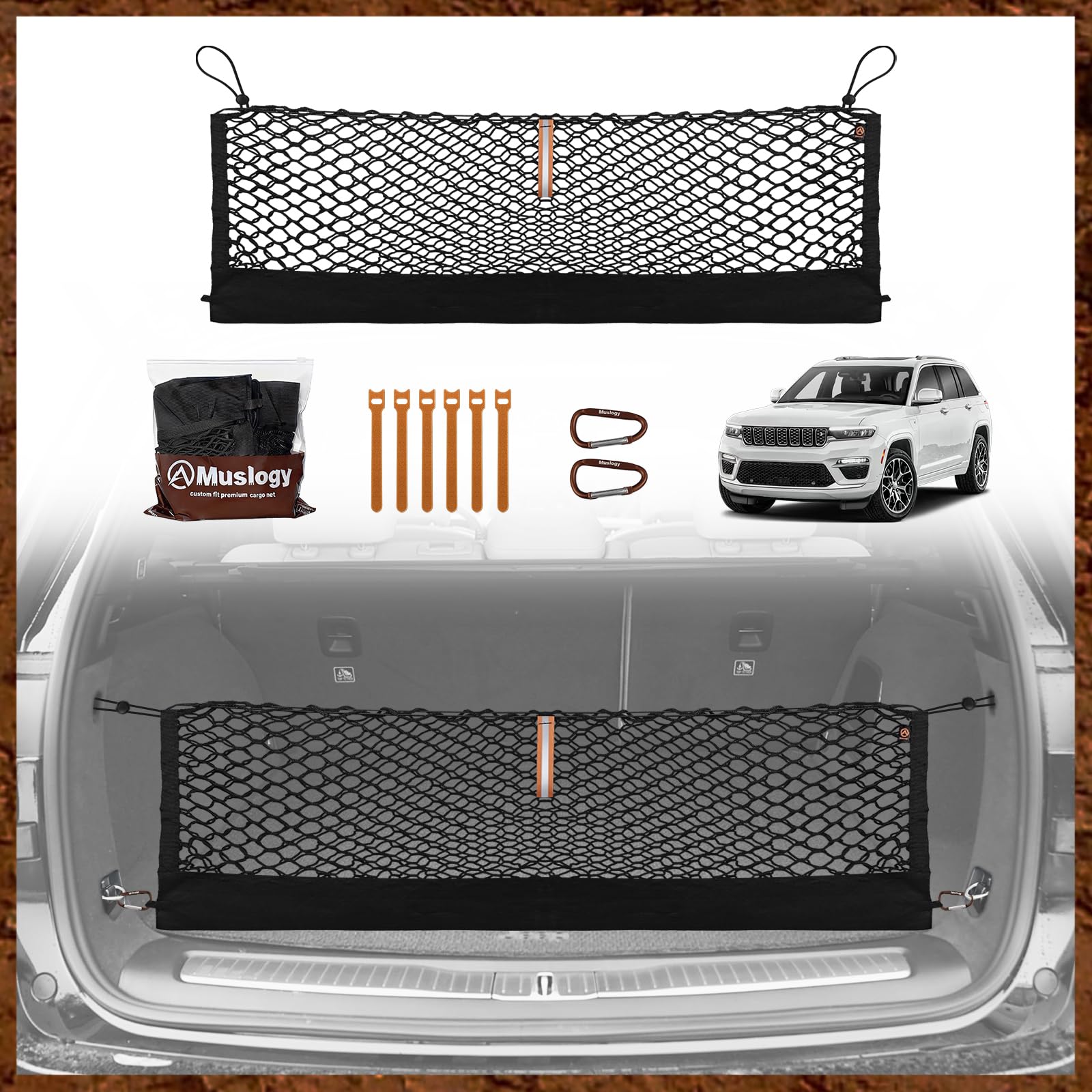 Muslogy front view installed in Jeep Grand Cherokee WL, secures cargo neatly