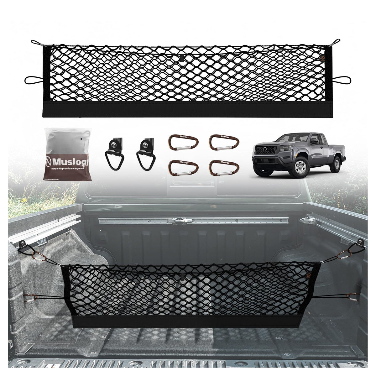 Muslogy cargo net installed in Nissan Frontier front view keeps items secure