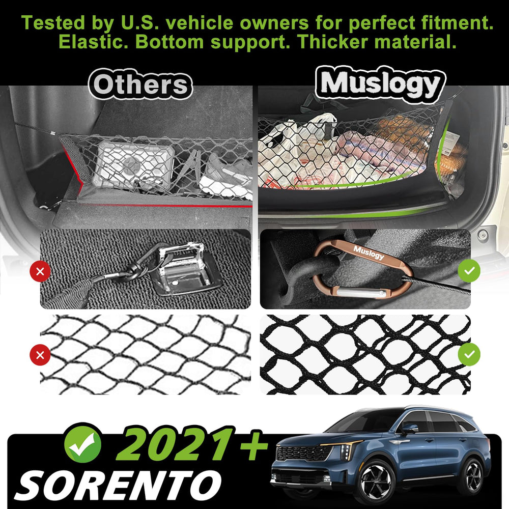 Muslogy cargo net installed in Kia Sorento demonstrating secure storage and convenience