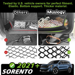 Muslogy cargo net installed in Kia Sorento demonstrating secure storage and convenience
