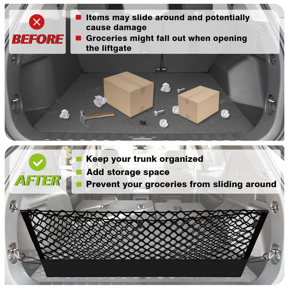 Muslogy cargo net installed in GMC Terrain trunk showing tidy organized space