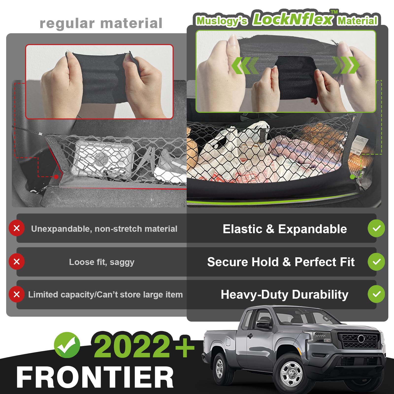 Muslogy cargo net installed in Frontier bed keeping items from sliding