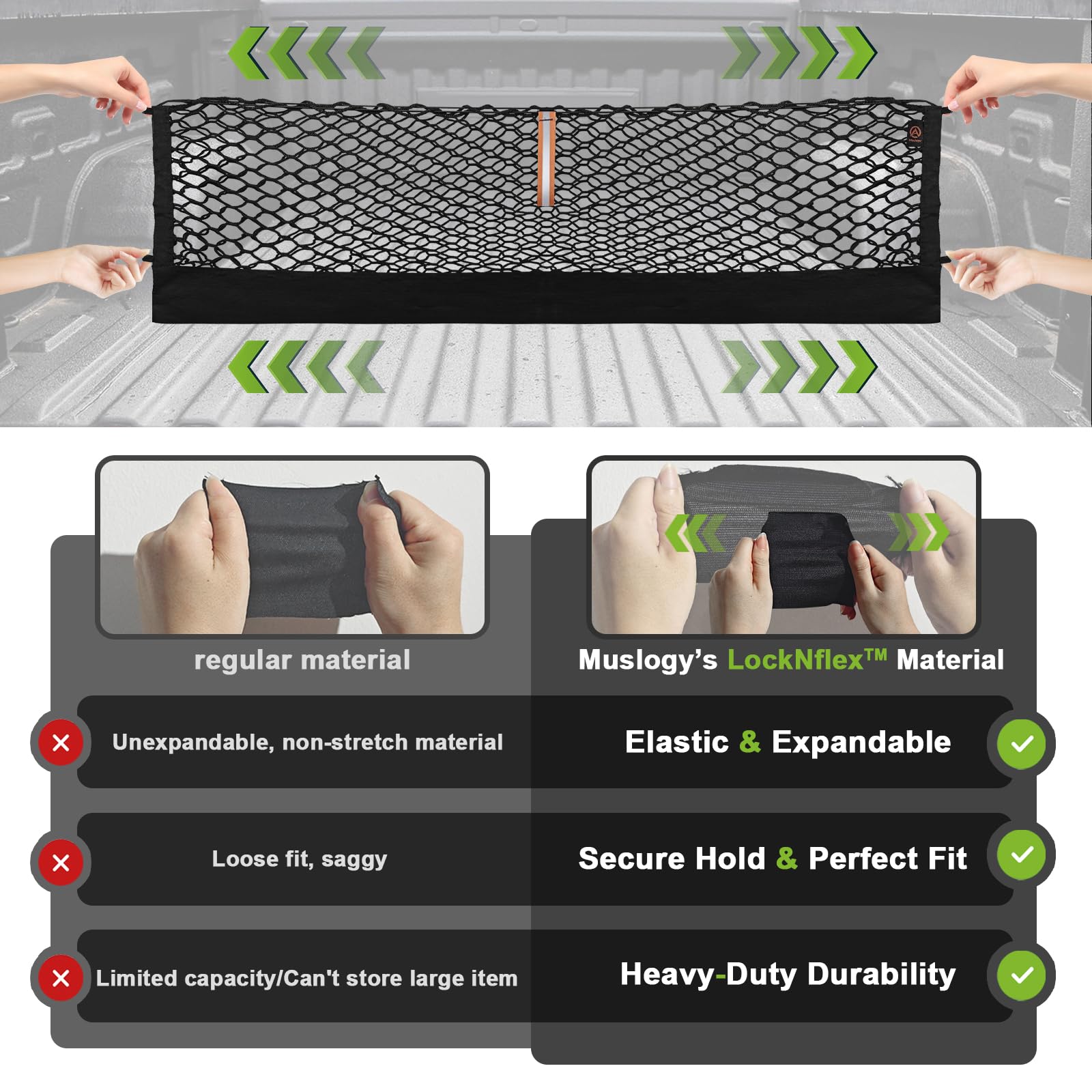 Muslogy installed cargo net in truck bed reducing item movement while driving