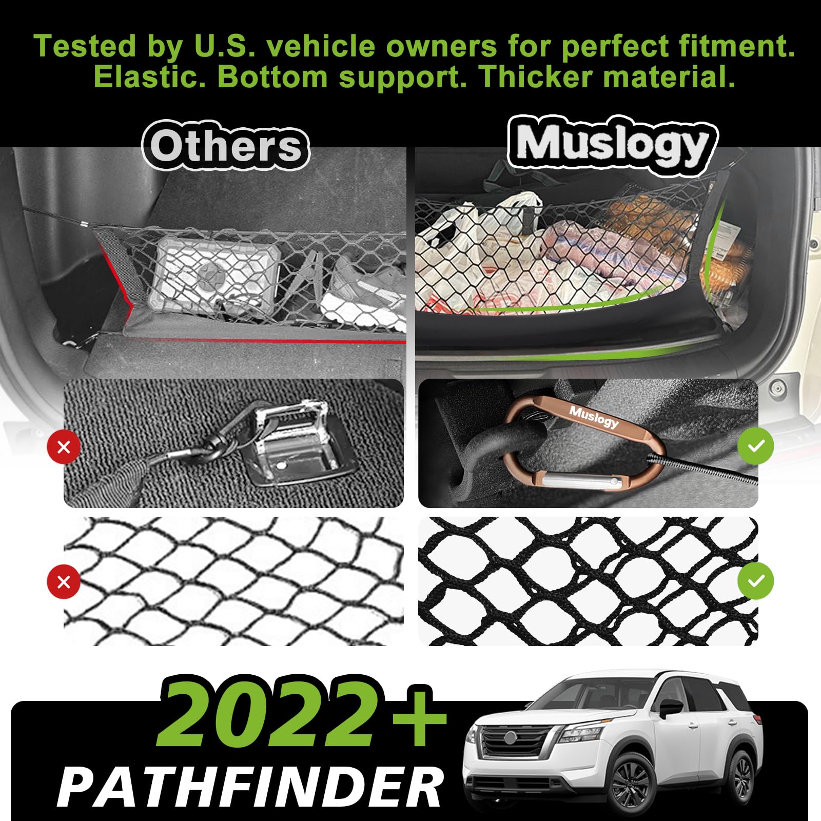 Muslogy cargo net installed in Pathfinder trunk keeping items from shifting