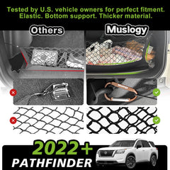 Muslogy cargo net installed in Pathfinder trunk keeping items from shifting