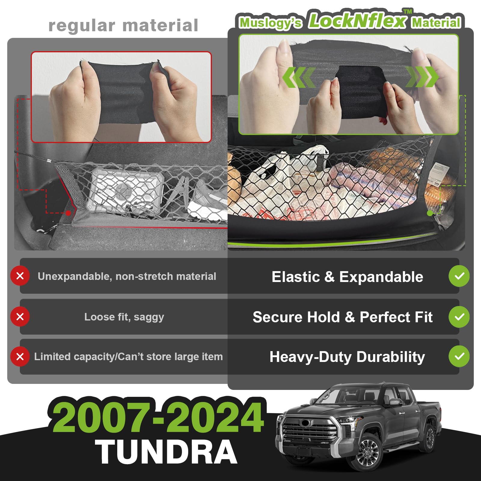 Muslogy net installed in Tundra bed front view providing secure cargo control