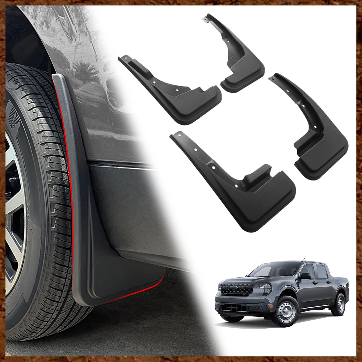 Muslogy front mud flap packaging showing parts and fit protection