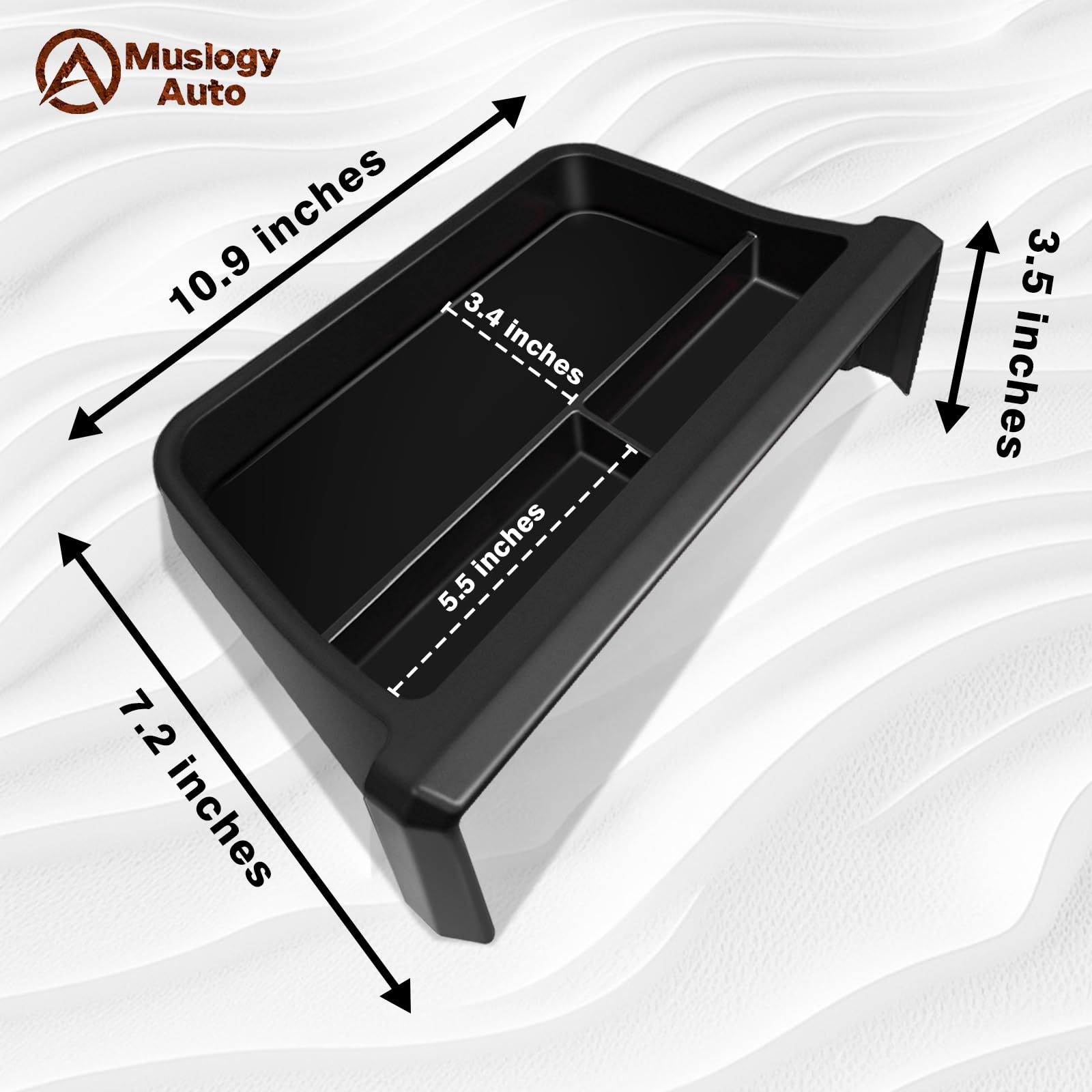 Muslogy tray next to hand for scale showing compact storage capacity