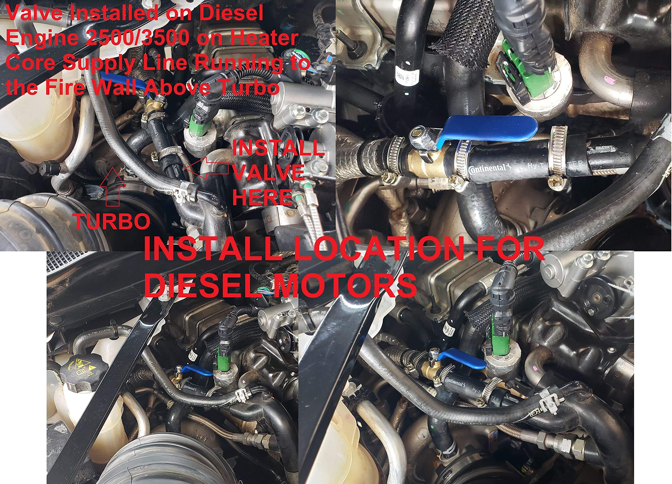 Muzzys valve installed on diesel Ram heater supply above turbo showing reduced heat bleed