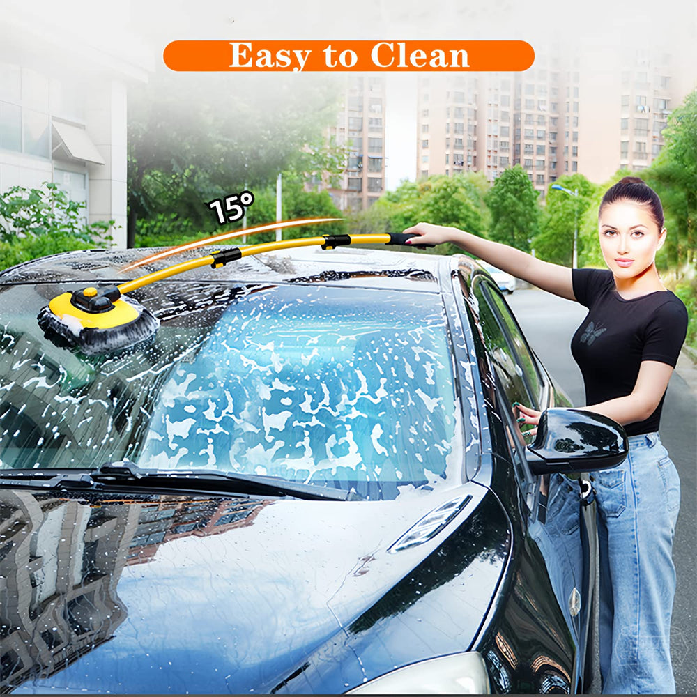 MVEQRRN brush used on driveway and car in lifestyle scene for versatile outdoor cleaning