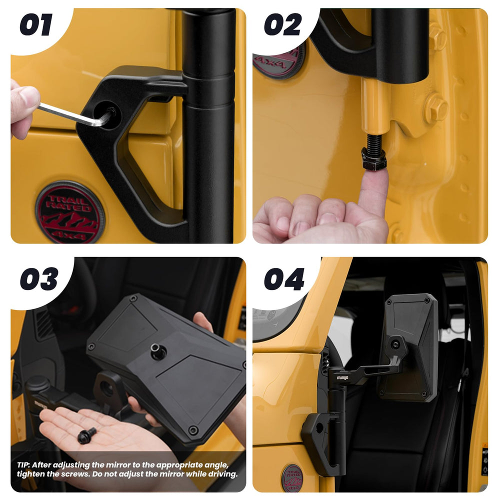 MWNYO mirror mounted on Jeep showing bolt-on fit and no-drill installation benefit