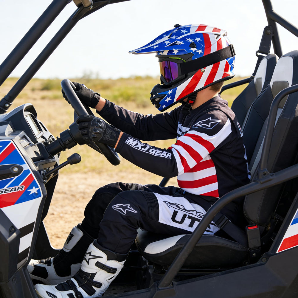 MXJ Gear lifestyle shot kid wearing helmet demonstrating safe confidence