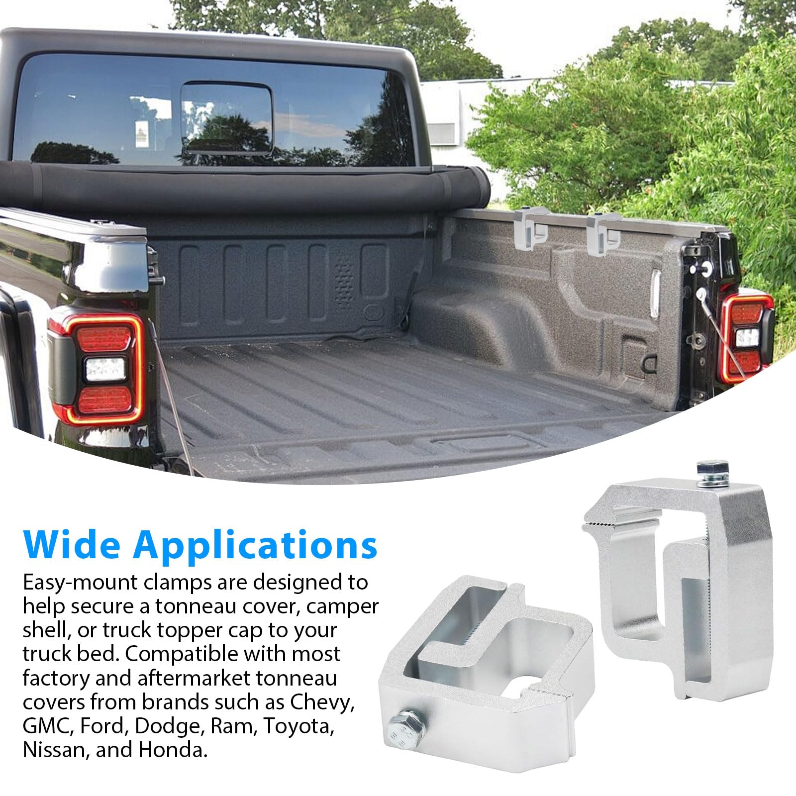 lifestyle view of MXSAG clamps holding a camper shell on pickup for easy no-drill setup