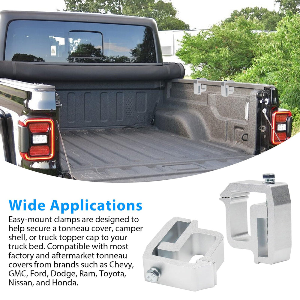 lifestyle view of MXSAG clamps holding a camper shell on pickup for easy no-drill setup