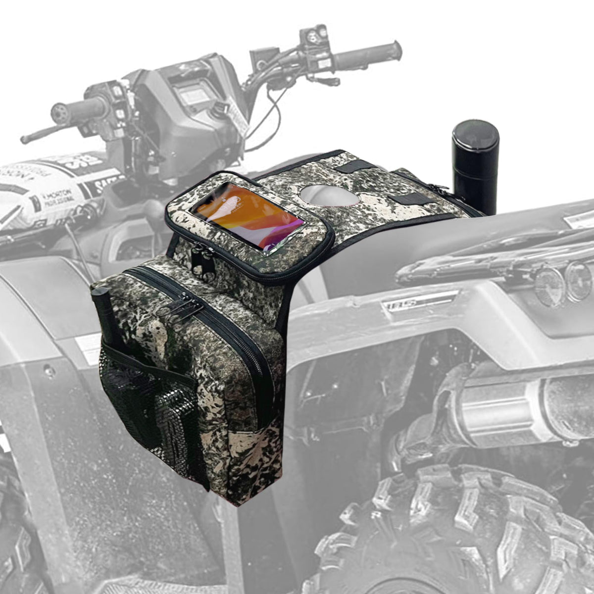 MYDAYS camo saddle bag front view showing compact storage benefit