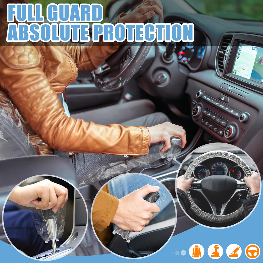 MYFAMIREA installed seat and wheel covers inside car protecting upholstery from mess
