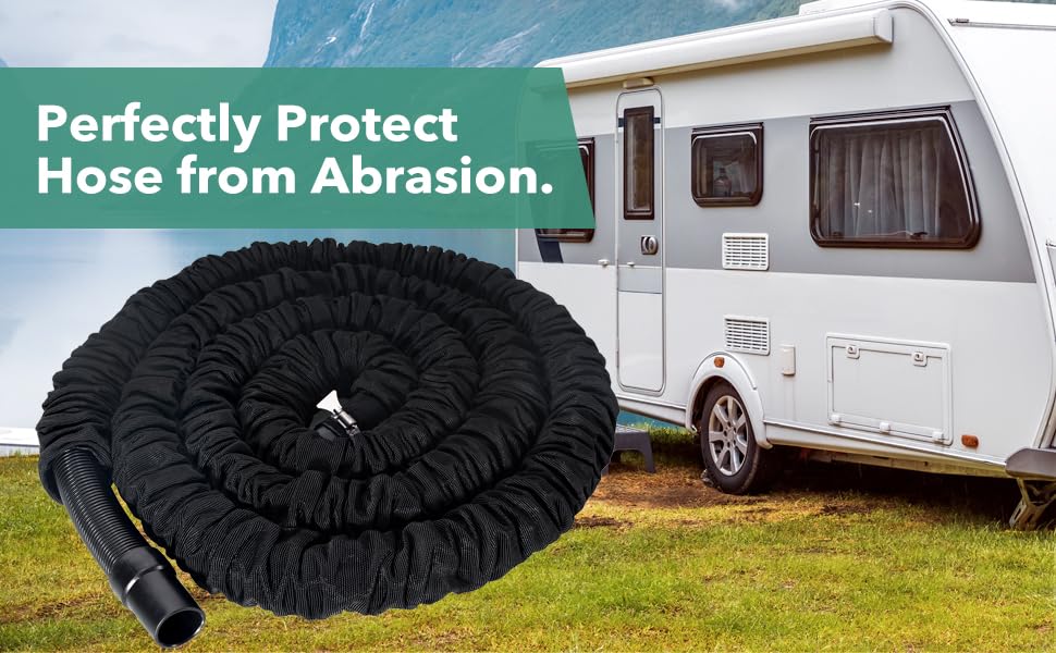 MytheeTale hose in use attached to RV drain demonstrating reach and leak-resistant fit