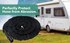 MytheeTale hose in use attached to RV drain demonstrating reach and leak-resistant fit