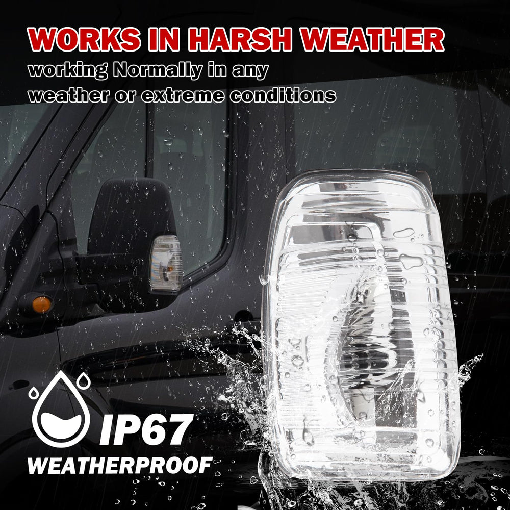 MZORANGE indicator installed on Transit side mirror demonstrating clear side signaling