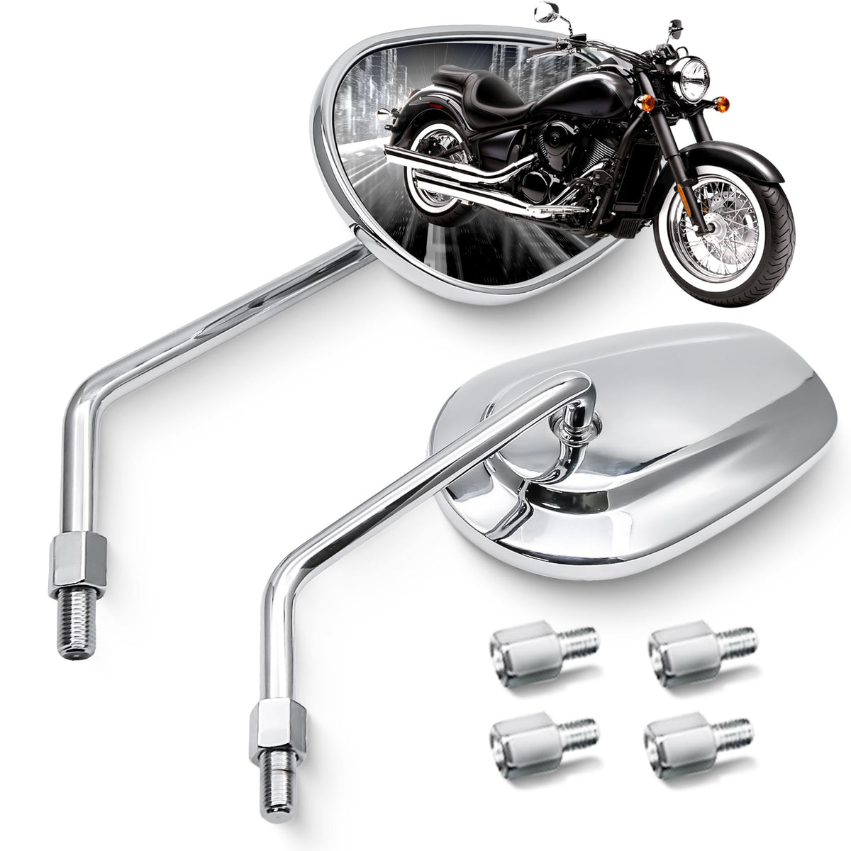 MZS chrome front view of mirror pair showing stylish oval design and improved visibility