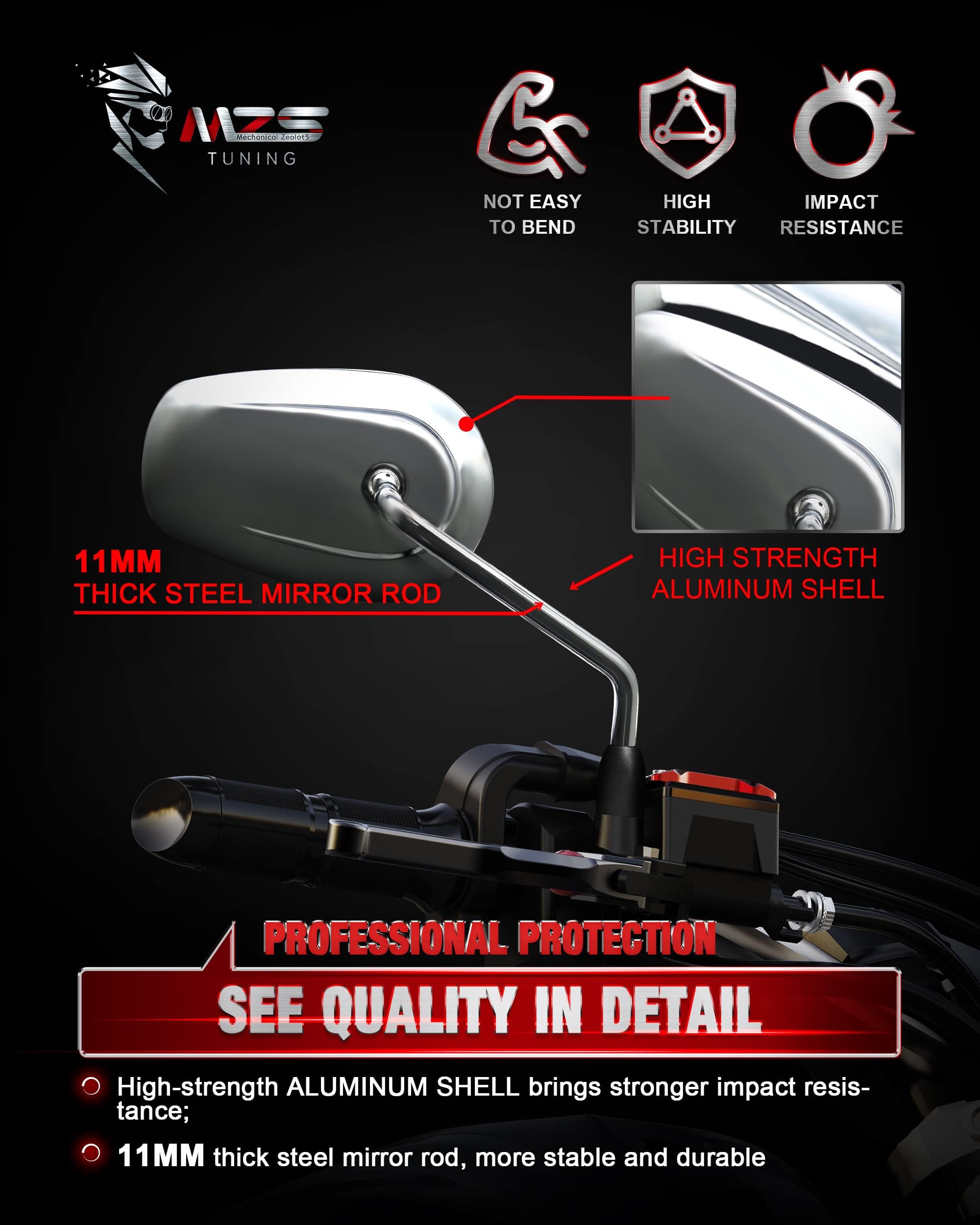 MZS chrome close-up of aluminum stem and 360-degree ball joint for precise adjustment