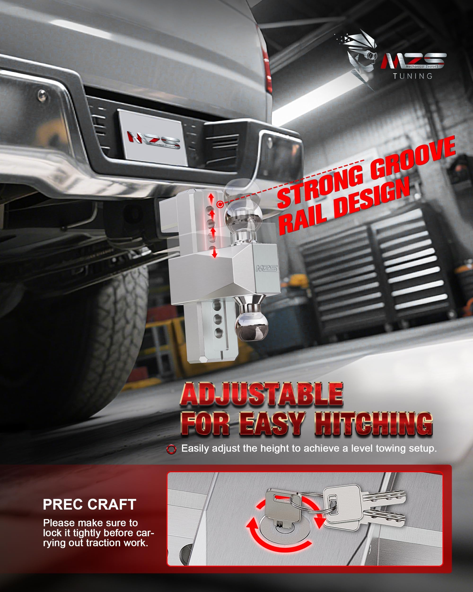 MZS hitch mounted on truck demonstrating heavy-duty towing readiness