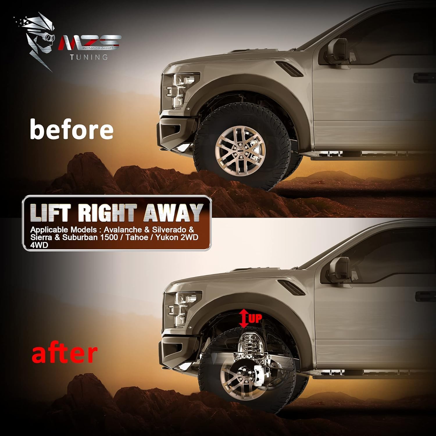 MZS installed kit on a parked truck showing enhanced stance and road-ready look