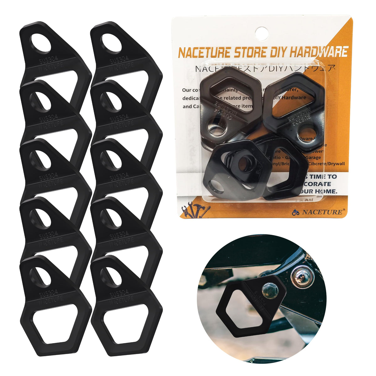 NACETURE front view of 10-pack anchors showing durable stainless finish and convenience