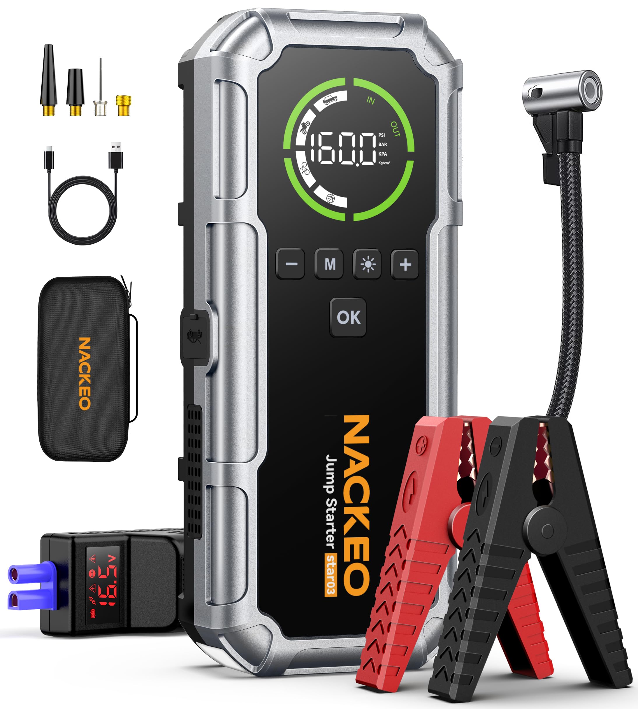 NACKEO front panel display showing battery level and modes for confident use