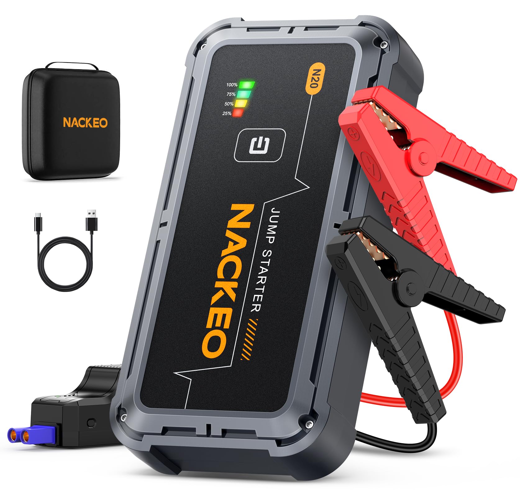 NACKEO front view showing controls and battery indicator, reliable roadside power