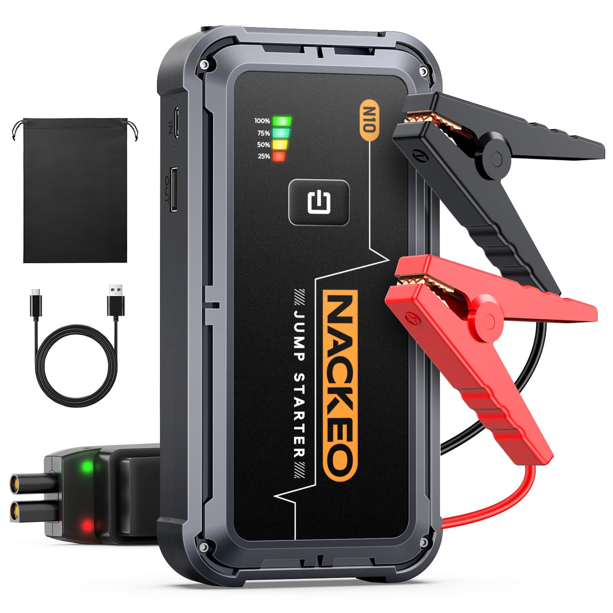 NACKEO front view showing compact jump starter and portability benefit