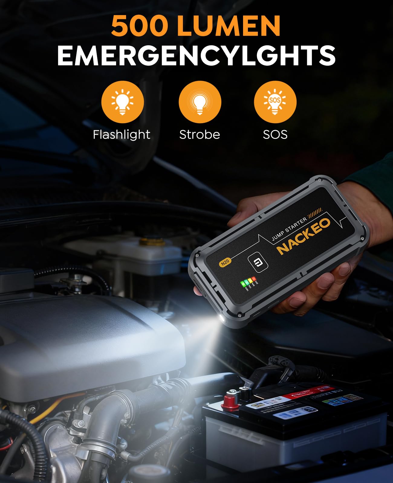 NACKEO jump starter in use starting a car engine for emergency readiness