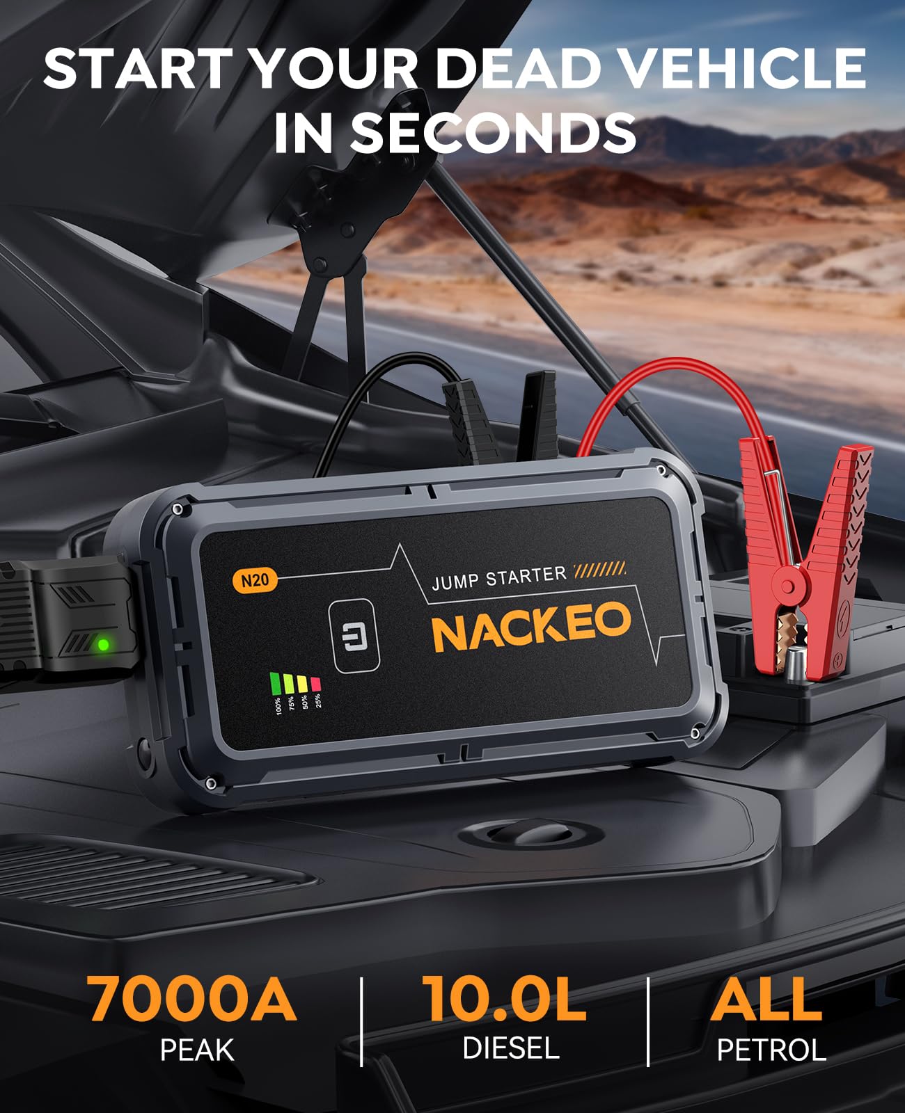 NACKEO jumper cables and clamps close-up for safe, fast connections