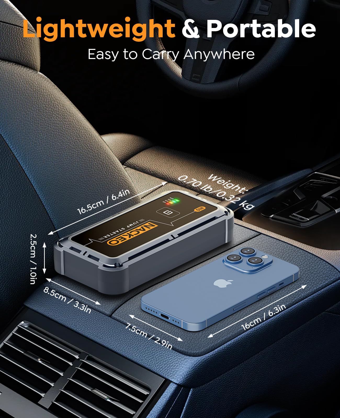 NACKEO USB ports charging a phone showing on-the-go power benefit
