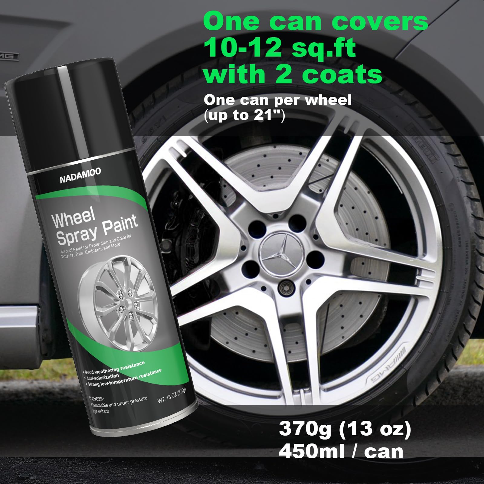 One painted wheel beside unpainted rim for scale, showing coverage per 13 oz can benefit