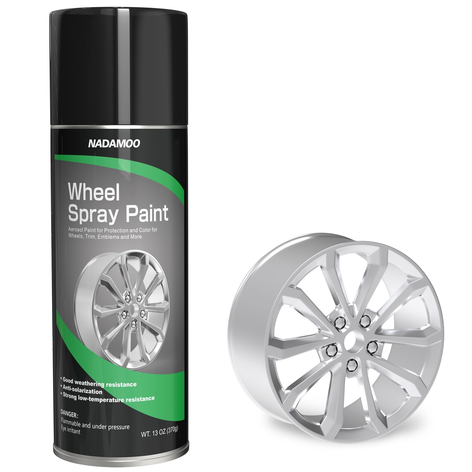 NADAMOO spray can front view showing label and silver wheel paint benefit of easy identification