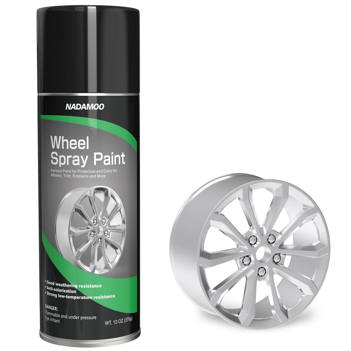 NADAMOO spray can front view showing label and silver wheel paint benefit of easy identification