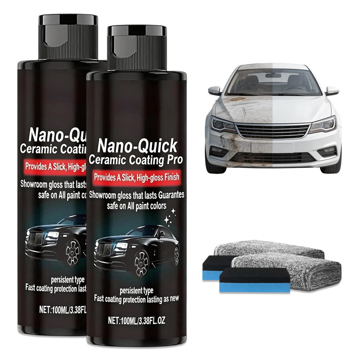 Generic Nano-Quick Ceramic Coating Pro front packaging showing two bottles and benefits