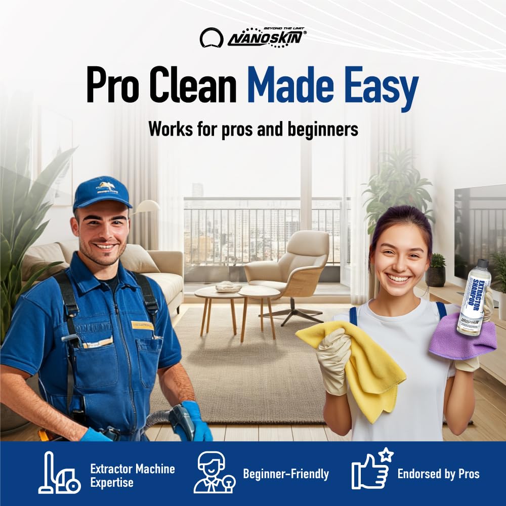 Nanoskin extractor shampoo used in home cleaning scene delivering fresher carpets