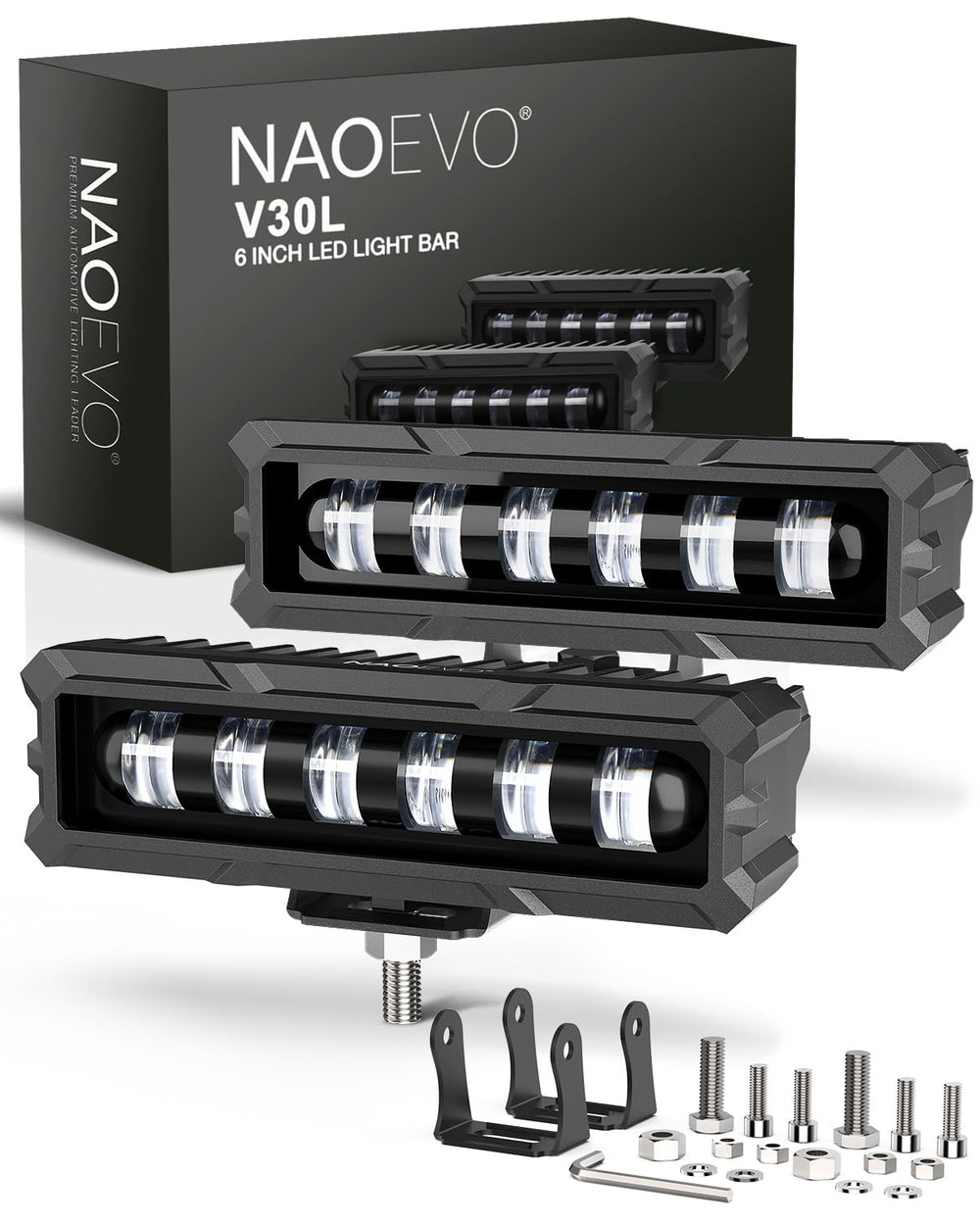 NAOEVO front view of 6-inch LED bar showing compact shape and mounting