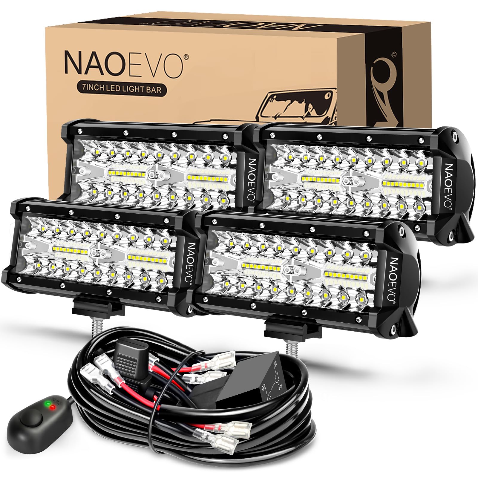 NAOEVO front view of 7-inch LED bars showing compact brightness benefit